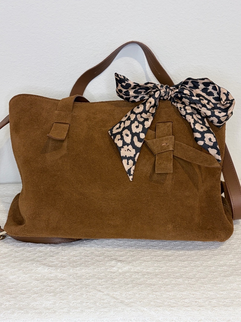 Paul Ka Brown Suede Tote Bag with Leopard Scarf Accent